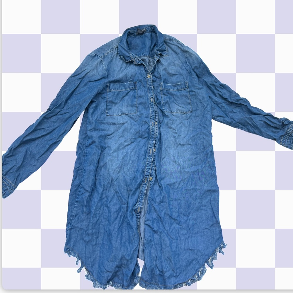 Clea and Theodore mini denim dress with raw hems. Cute boho look button down